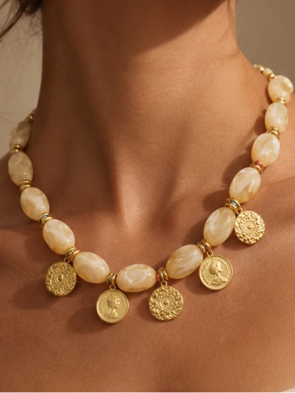 Chunky Beaded Coin Charm Necklace